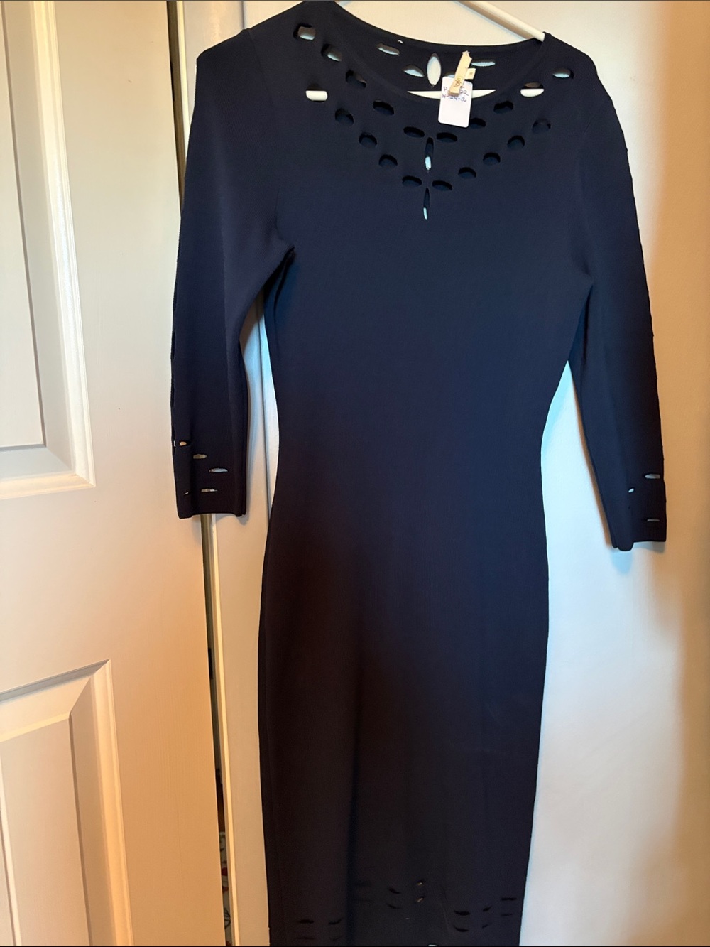 Maje Navy Long-Sleeve Laser-Cut Sheath Dress